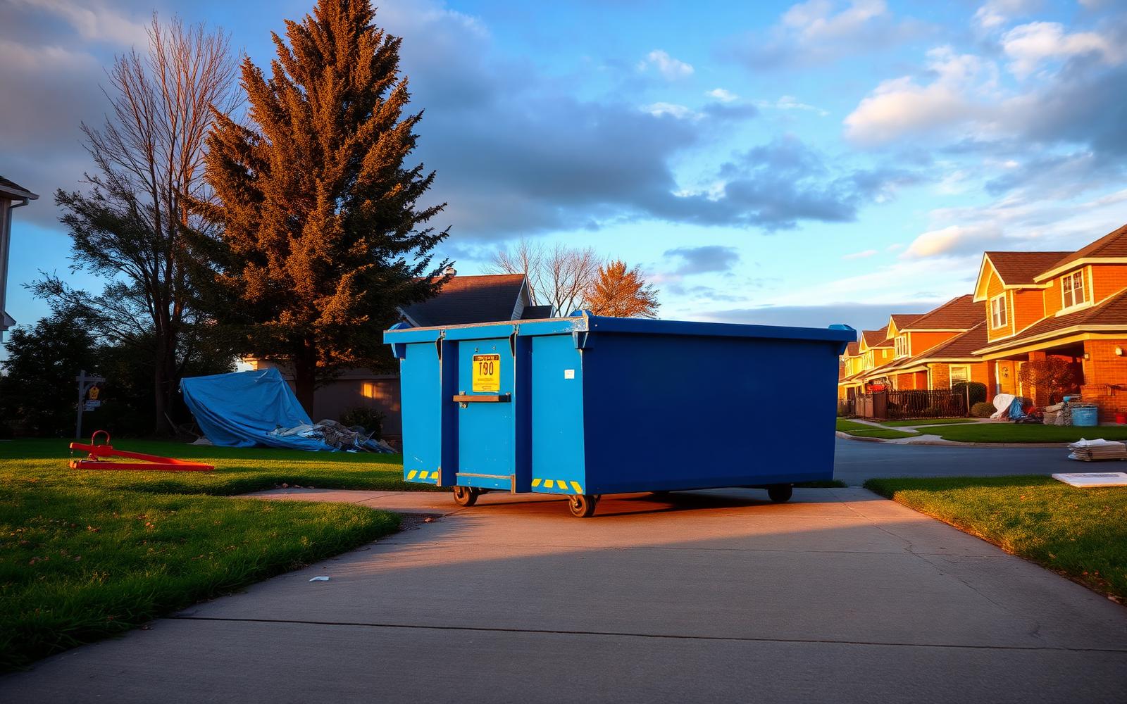 Blue roll-off dumpster placed on a residential driveway